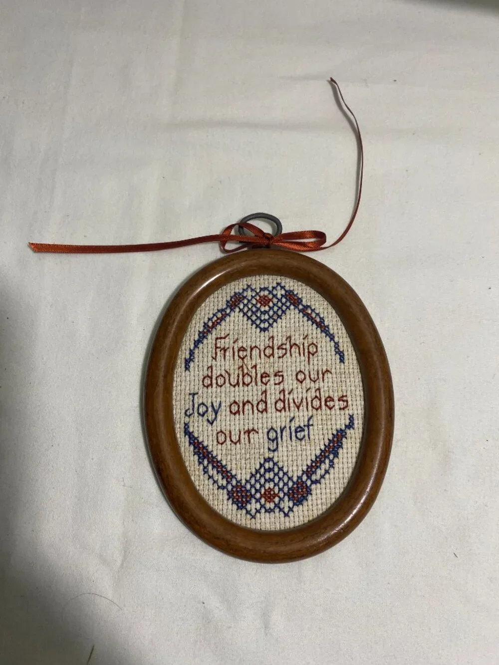 Vintage Framed Cross Stitch Friendship Wall Hanging Wooden Oval Frame Handmade